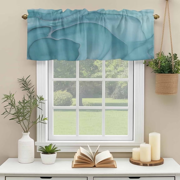 Rod Pocket Window Valances Mint Green Marble Fluid Art Short Kitchen Curtains Modern Abstract Turquoise Window Treatment Drapes for Bedroom Bathroom Living Room 54x18in