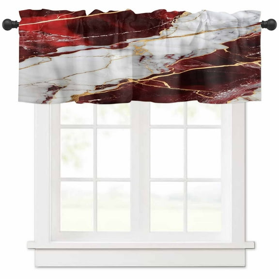 Rod Pocket Window Valances Modern Abstract White Red Marble Short Kitchen Curtains Classic Gold Line Window Treatment Drapes for Bedroom Bathroom Living Room 54x18In,1 Panel