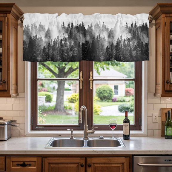 Rod Pocket Window Valances Monochrome Misty Natural Forest Short Kitchen Curtains Foggy Tree Woodland Scenery Window Treatment Drapes for Bedroom Bathroom Living Room 42x12in