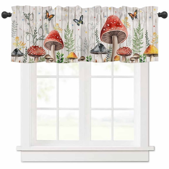Rod Pocket Window Valances Pastoral Mushroom Butterfly Leaves Stars Short Kitchen Curtains Vintage Wood Grain Window Treatment Drapes for Bedroom Bathroom Living Room 54x18In,1 Panel