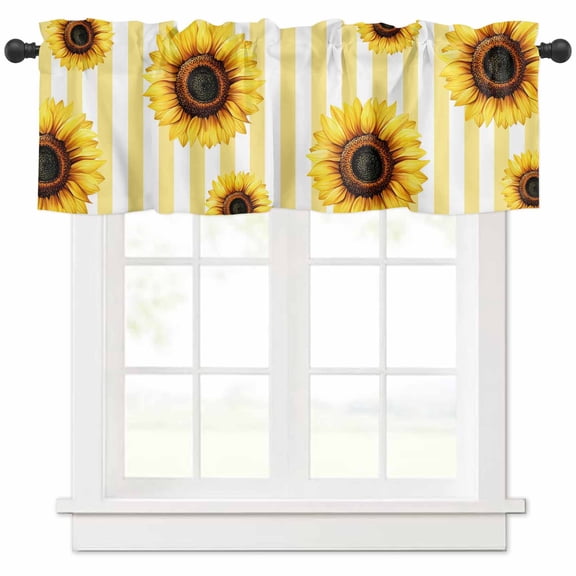 Rod Pocket Window Valances Pastoral Summer Sunflower Flower Short Kitchen Curtains Modern Yellow Striped Window Treatment Drapes for Bedroom Bathroom Living Room 54x18In,1 Panel