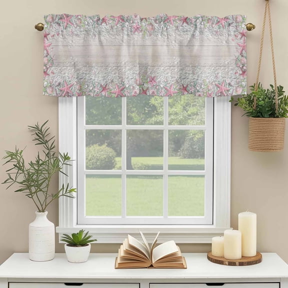 Rod Pocket Window Valances Pink Starfish Summer Beach Shell Short Kitchen Curtains Country Wooden Plank Window Treatment Drapes for Bedroom Bathroom Living Room 42x12in