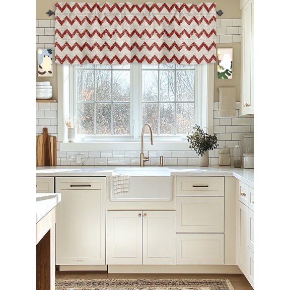 Rod Pocket Window Valances Red Zigzag Stripes Short Kitchen Curtains Off White Linen Texture Background Window Treatment Drapes for Bedroom Bathroom Living Room 42x12in