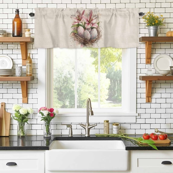 Rod Pocket Window Valances Retro Easter Eggs Short Kitchen Curtains Watercolor Pastoral Flowers on Linen Window Treatment Drapes for Bedroom Bathroom Living Room 56x16In,1 Panel