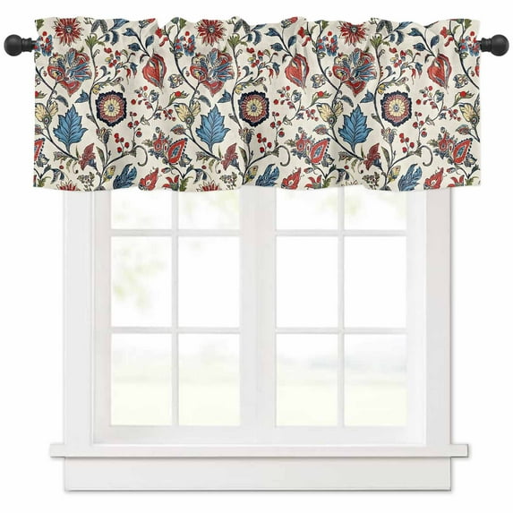 Rod Pocket Window Valances Retro Flower Floral Leaves on Beige Short Kitchen Curtains Watercolor Botanical Window Treatment Drapes for Bedroom Bathroom Living Room 54x18In,1 Panel