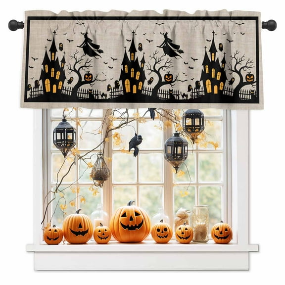 Rod Pocket Window Valances Retro Horror Halloween Witch Broom Short Kitchen Curtains Black Haunted House Window Treatment Drapes for Bedroom Bathroom Living Room 54x18In,1 Panel