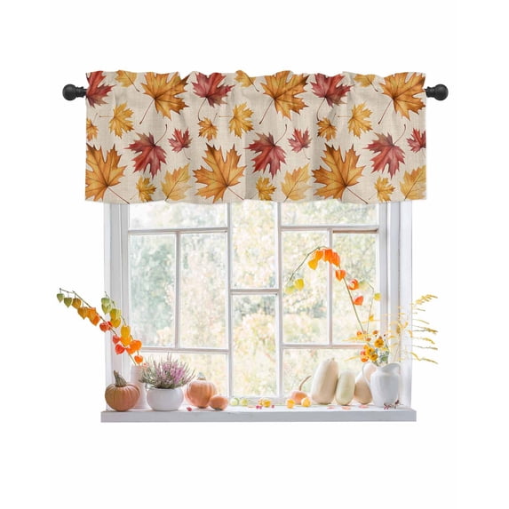 Rod Pocket Window Valances Retro Idyllic Maple Leaf on Linen Short Kitchen Curtains Autumn Plant Tree Leave Window Treatment Drapes for Bedroom Bathroom Living Room 54x18In,1 Panel