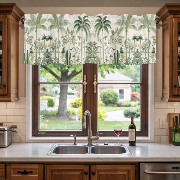 Rod Pocket Window Valances Retro Tropical Forest Scene Short Kitchen Curtains Green Coconut Tree Bird Window Treatment Drapes for Bedroom Bathroom Living Room 42x12in