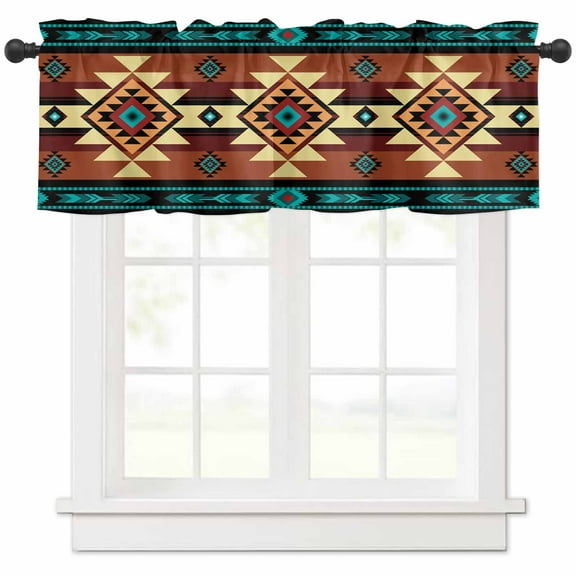 Rod Pocket Window Valances Retro Turquoise Ethnic Textile Texture Short Kitchen Curtains Abstract Native Window Treatment Drapes for Bedroom Bathroom Living Room 54x18In,1 Panel
