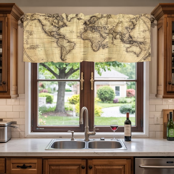 Rod Pocket Window Valances Retro Yellow World Map North America Asia Short Kitchen Curtains Pacific Plate Window Treatment Drapes for Bedroom Bathroom Living Room 42x12in
