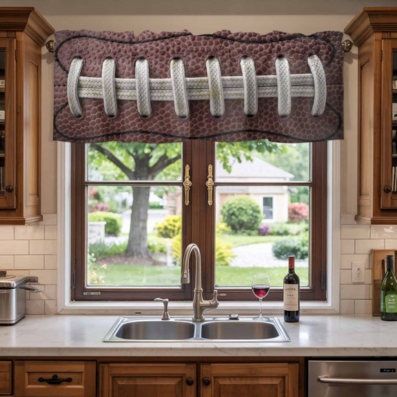 Rod Pocket Window Valances Rugby Football Sport Short Kitchen Curtains White Stripe Retro Texture Window Treatment Drapes for Bedroom Bathroom Living Room 42x12in