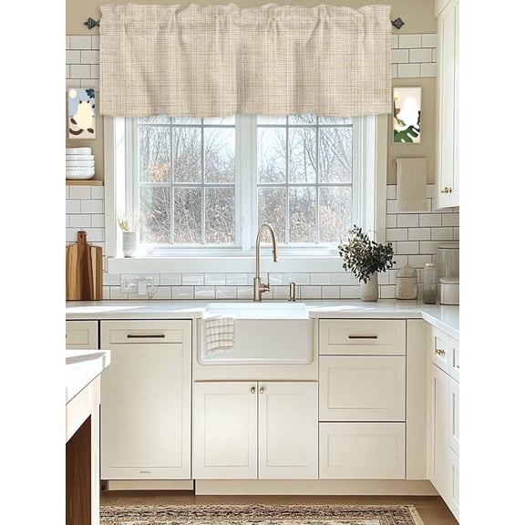 Rod Pocket Window Valances Rustic Beige Linen Texture Short Kitchen Curtains Farmhouse Burlap Window Treatment Drapes for Bedroom Bathroom Living Room 42x12in
