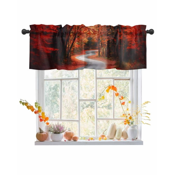 Rod Pocket Window Valances Rustic Maple Leaf Tree Road Short Kitchen Curtains Watercolor Autumn Leaves Window Treatment Drapes for Bedroom Bathroom Living Room 54x18In,1 Panel