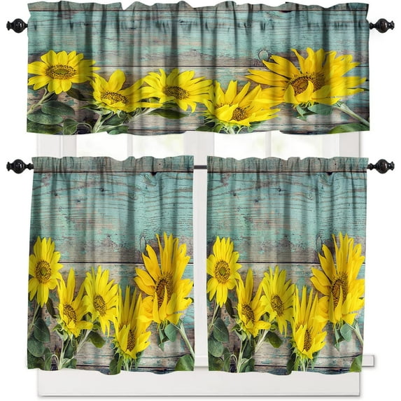 Rod Pocket Window Valances, Rustic Sunflower Kitchen Short Curtain Valance Windows Treatment Drapes Sets, Yellow Floral Blooming Kitchen Curtains for Farmhouse Living Room Bedroom 54x36 Inch, 3 Piece