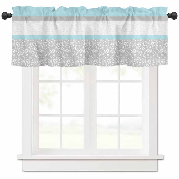 Rod Pocket Window Valances Sky Blue Grey Flower Floral Short Kitchen Curtains Modern Stitching Stripe Window Treatment Drapes for Bedroom Bathroom Living Room 54x18In,1 Panel