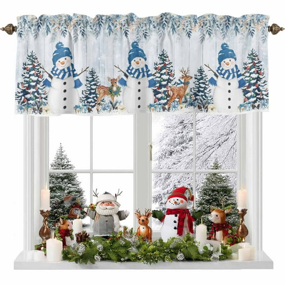 Rod Pocket Window Valances Snowman Christmas Tree Elk Winter Snow Short Kitchen Curtains Blue Poinsettia Retro Plank Window Treatment Drapes for Bedroom Bathroom Living Room 54x18In,1 Panel
