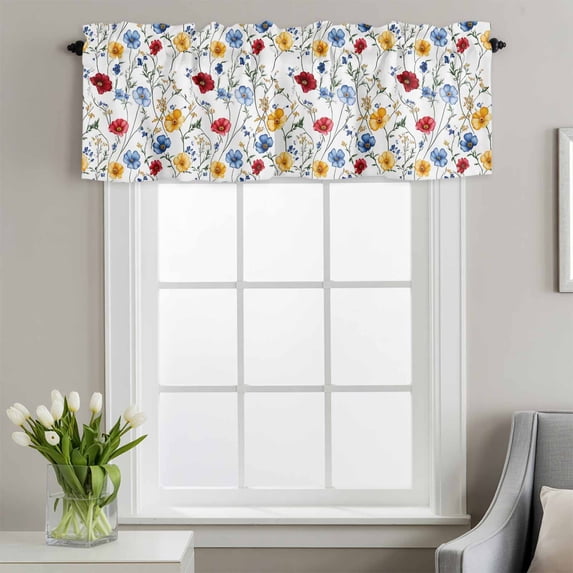 Rod Pocket Window Valances Spring Colorful Flower Blossom Floral Short Kitchen Curtains Farm Plant Leaves Seamless Window Treatment Drapes for Bedroom Bathroom Living Room 42x18In,1 Panel