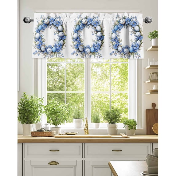 Rod Pocket Window Valances Spring Easter Egg Blue Flower on White Short Kitchen Curtains Cartoon Floral Garland Window Treatment Drapes for Bedroom Bathroom Living Room 42x18In,1 Panel