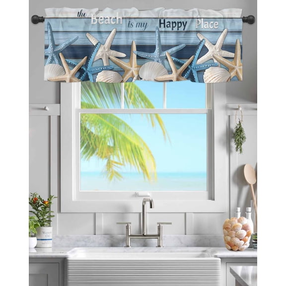 Rod Pocket Window Valances Starfish Shell on Blue Wood Barn Short Kitchen Curtains Beach Happy Place Window Treatment Drapes for Bedroom Bathroom Living Room 42x12In,1 Panel