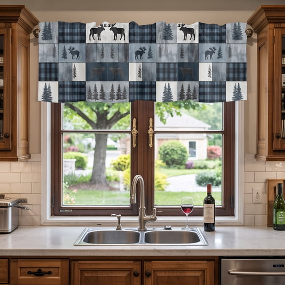 Rod Pocket Window Valances Stitching Plaid Tree Deer Short Kitchen Curtains Natural Forest Scenery Window Treatment Drapes for Bedroom Bathroom Living Room 42x12in
