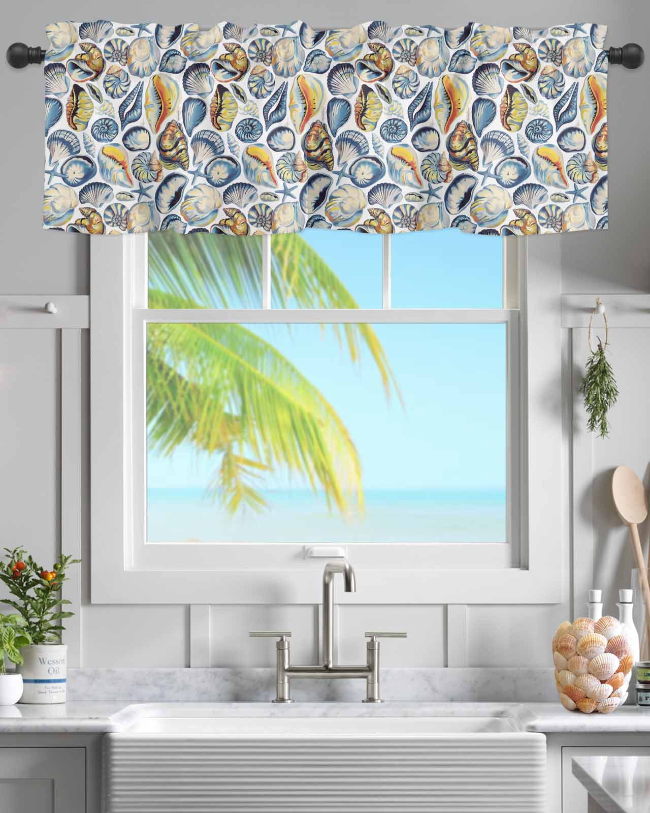 Room Window Shell Rod Pocket Window Valances Summer Colorful Ocean Shell Starfish Conch ...