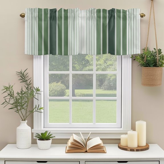 Rod Pocket Window Valances Summer Rustic Sage Green Lines Short Kitchen Curtains Modern Minimalist Stripe Window Treatment Drapes for Bedroom Bathroom Living Room 42x12in