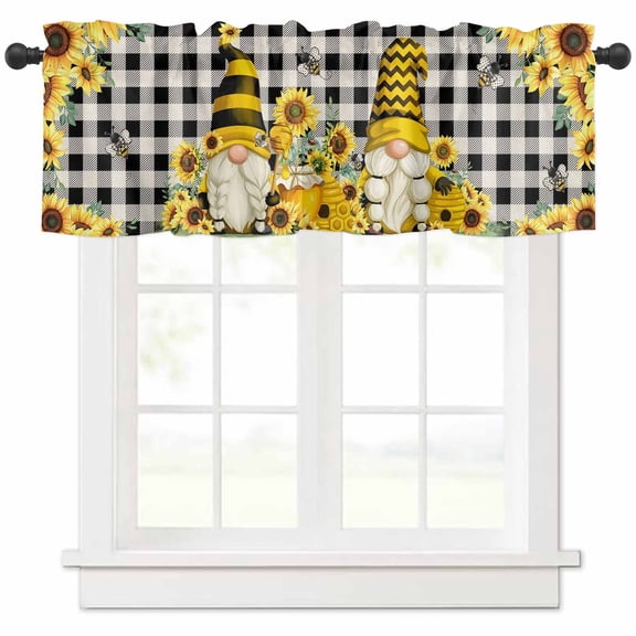Rod Pocket Window Valances Sunflower Dwarf Bee Green Leaves Short Kitchen Curtains Black White Checkered Window Treatment Drapes for Bedroom Bathroom Living Room 54x18In,1 Panel