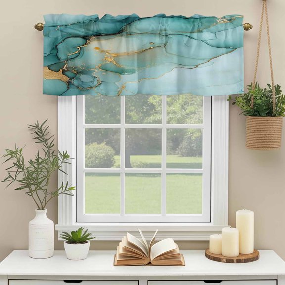 Rod Pocket Window Valances Teal Gradient Marble Gold Foil Short Kitchen Curtains Abstract Ink Art Window Treatment Drapes for Bedroom Bathroom Living Room 42x12in