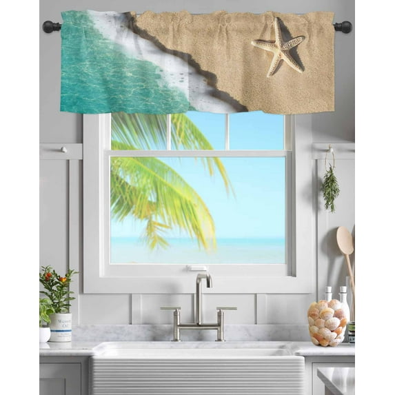 Rod Pocket Window Valances Teal Green Ocean Water Starfish Beach Short Kitchen Curtains Summer Seaside Window Treatment Drapes for Bedroom Bathroom Living Room 54x18In,1 Panel