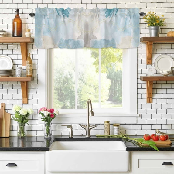 Rod Pocket Window Valances Teal Marble Gradient Abstract Color Block Short Kitchen Curtains Watercolor Morandi Window Treatment Drapes for Bedroom Bathroom Living Room 56x16In,1 Panel