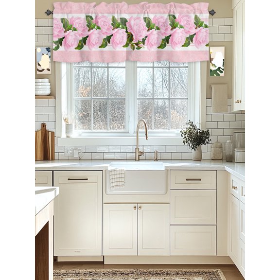 Rod Pocket Window Valances Valentine's Day Rose Pink Flower Short Kitchen Curtains Blossom Floral Leaves Window Treatment Drapes for Bedroom Bathroom Living Room 42x12in