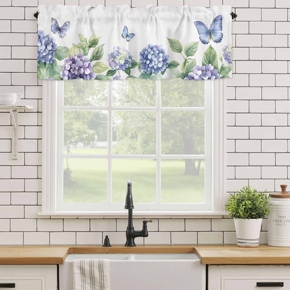 Rod Pocket Window Valances Watercolor Blue Butterfly Flower on White Short Kitchen Curtains Spring Botanical Window Treatment Drapes for Bedroom Bathroom Living Room 42x12In,1 Panel