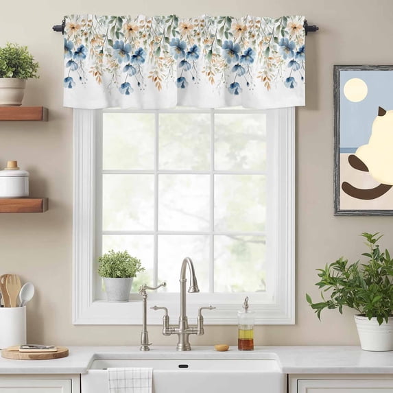Rod Pocket Window Valances Watercolor Blue Flower Green Leaves Short Kitchen Curtains Wildflower Plant on White Window Treatment Drapes for Bedroom Bathroom Living Room 60x18In,1 Panel