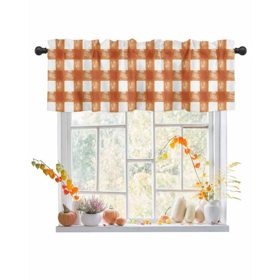 Rod Pocket Window Valances Watercolor Pastoral Buffalo Checkered Short Kitchen Curtains Orange White Plaid Window Treatment Drapes for Bedroom Bathroom Living Room 42x12In,1 Panel