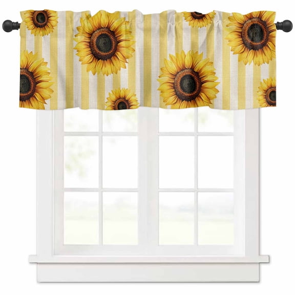 Rod Pocket Window Valances Watercolor Sunflower Floral on Linen Short Kitchen Curtains Yellow Striped Window Treatment Drapes for Bedroom Bathroom Living Room 54x18In,1 Panel