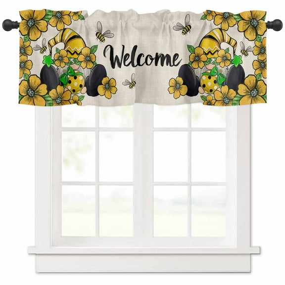 Rod Pocket Window Valances Yellow Gnome Flower Bee on Vintage Linen Short Kitchen Curtains Green Leaves Window Treatment Drapes for Bedroom Bathroom Living Room 54x18In,1 Panel
