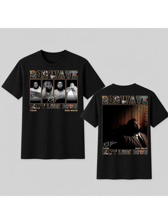 Rod Wave Dont Look Down Tour T-Shirt Vintage Rap Hip Hop Graphic Tee,Black Color,Size L
