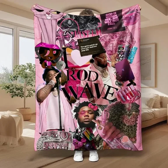 Rod Wave Flannel Blanket, Pink Hip Hop Rap Music Artist Portrait Aesthetic Scrapbook Collage Graphic Throw Blanket