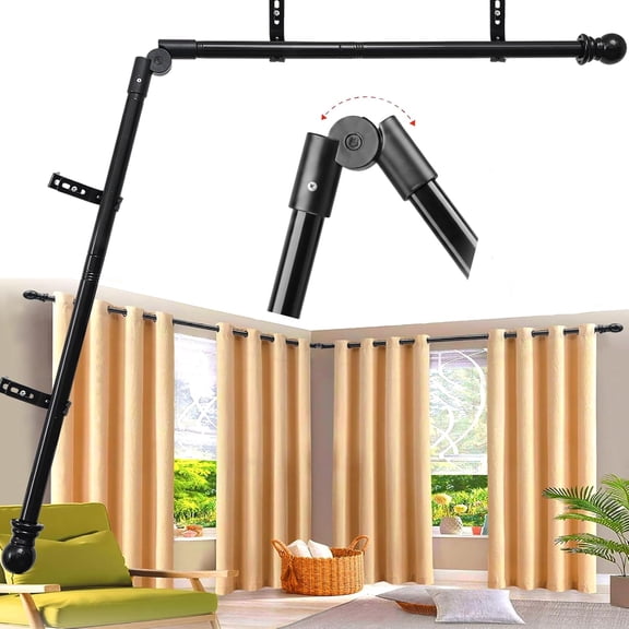 Rod for Windows - L Shaped 30 to 136 Inches Adjustable,1 Inch Heavy Duty Corners Window Curtain Rods, 180° Connector Angled Drapery Pole -Black