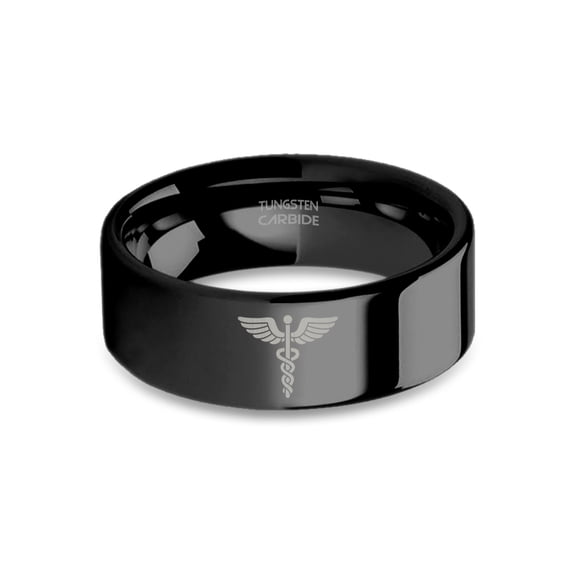 Rod of Asclepius Medical Symbol Engraved Black Tungsten Ring, 8mm, Size 10