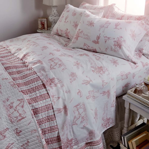 Rod's True Western Dusty Rose Pink Cowgirl Toile Sheet Set TWIN