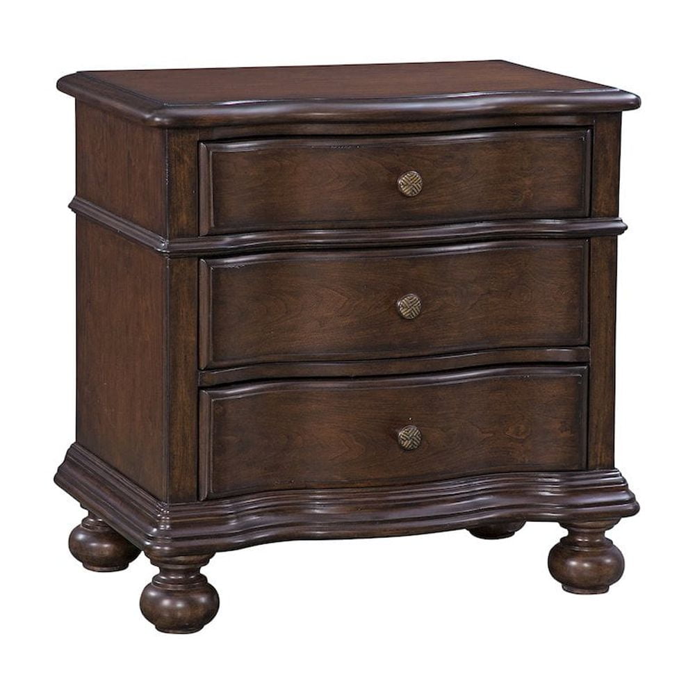 Tobacco Brown Wooden Nightstand with Sculpted Wave Front - 3 Drawers