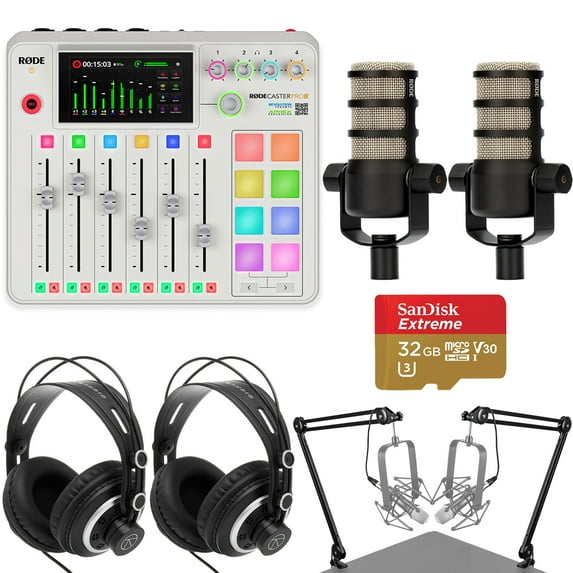Rode RODECaster Pro II Integrated Audio Production Studio Console, White, Bundle with 2x PodMic Microphone, 2x TAPH300 Headphones, 2x H&A Broadcast Arm, 2x 25' Microphone Cable, 32GB microSDHC Card