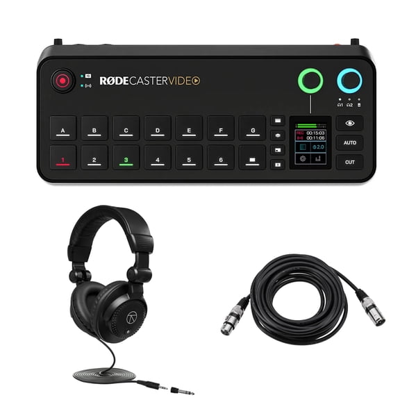 Rode RODECaster Video and Audio Production Console, Bundle with TAPH100 Monitor Headphones and 25' XLR Male to Female Microphone Cable