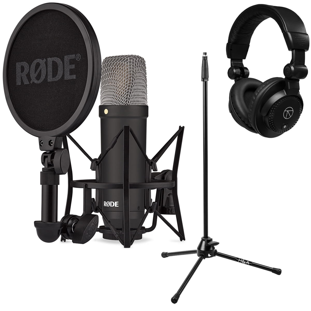 Rode Signature Series NT1 Cardioid Condenser Studio Microphone, Black, Bundle with H&A Microphone Stand and TAPH100 Studio Monitor Headphones