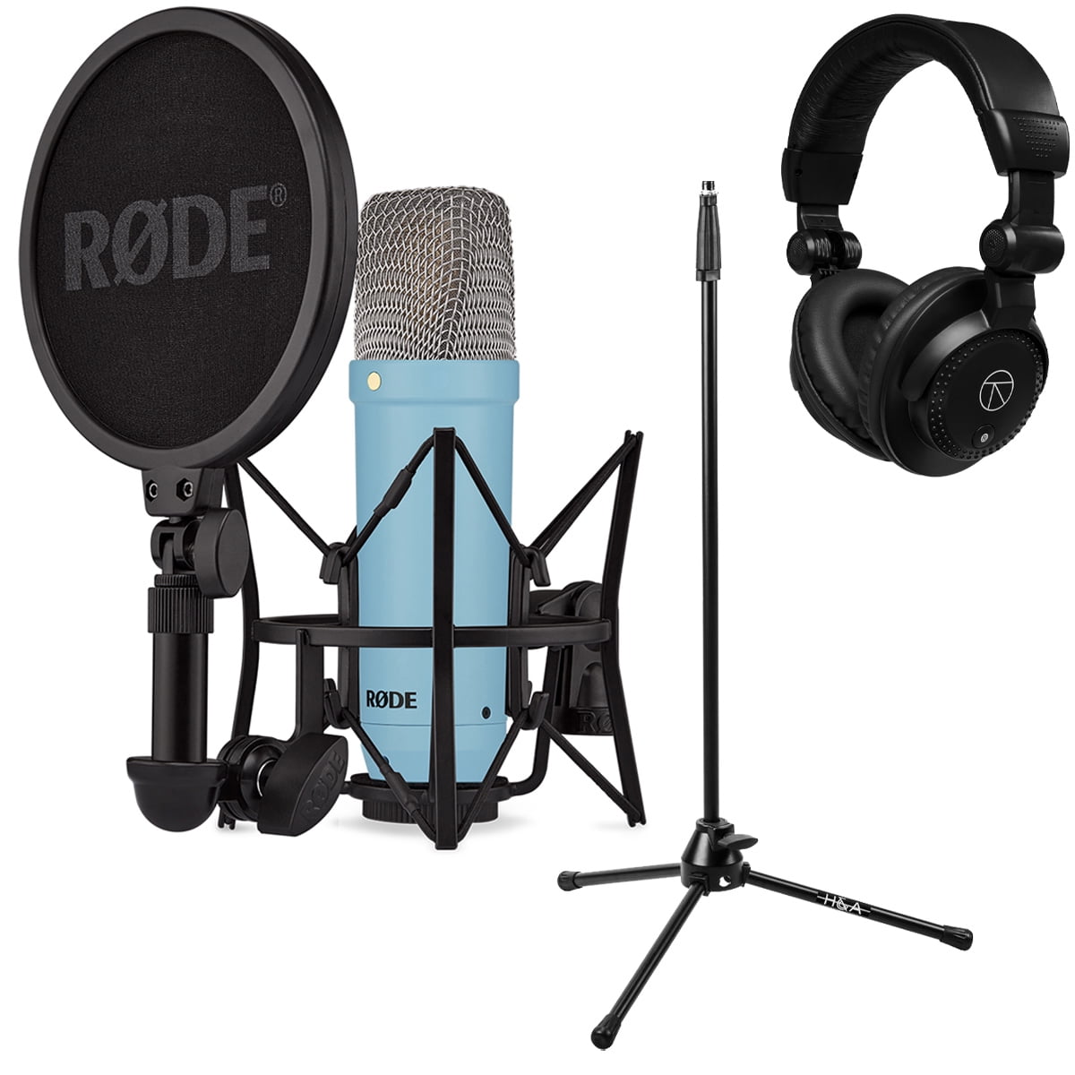 Rode Signature Series NT1 Cardioid Condenser Studio Microphone, Blue, Bundle with H&A Microphone Stand and TAPH100 Studio Monitor Headphones