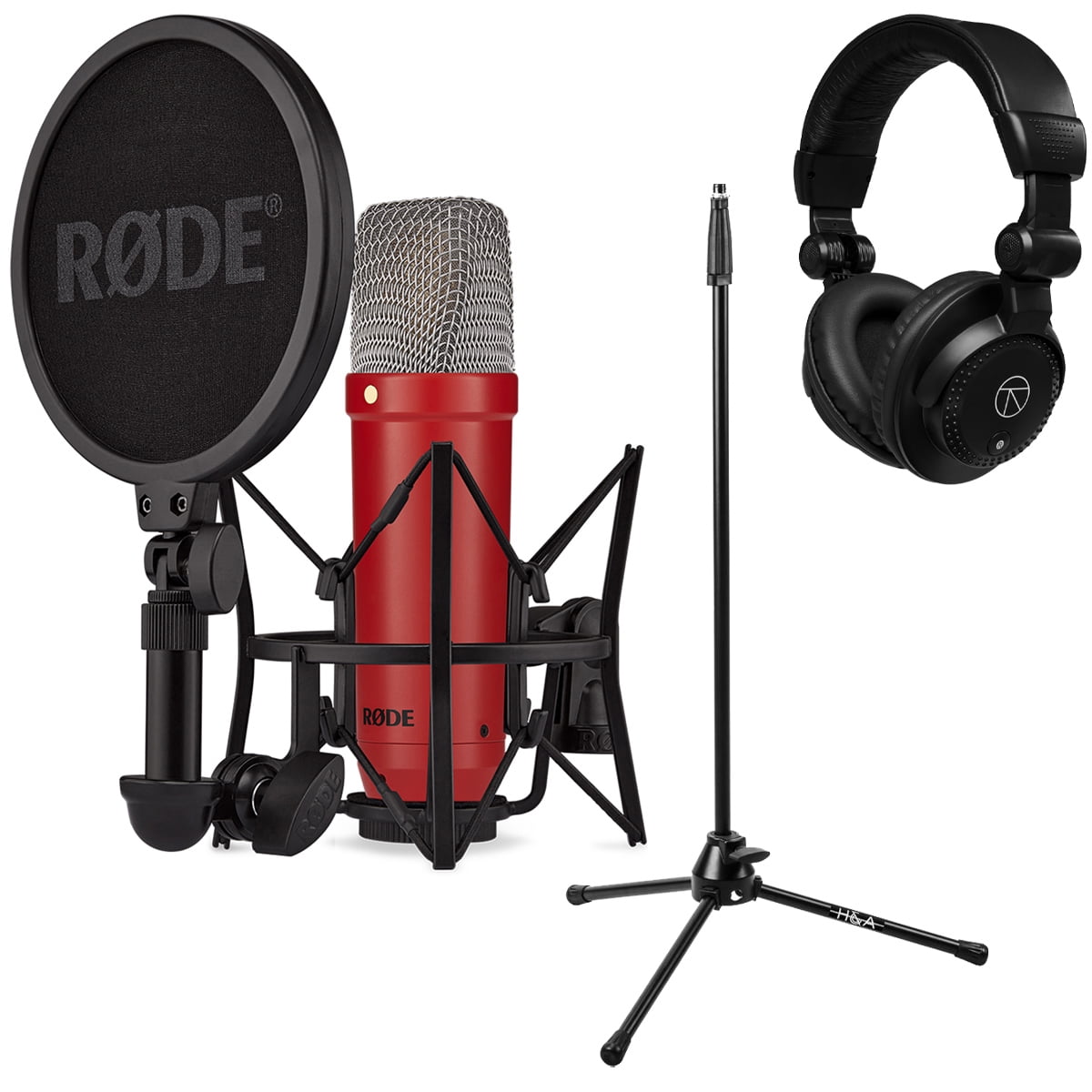 Rode Signature Series NT1 Cardioid Condenser Studio Microphone, Red, Bundle with H&A Microphone Stand and TAPH100 Studio Monitor Headphones