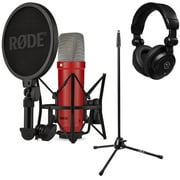 Rode Signature Series NT1 Cardioid Condenser Studio Microphone, Red, Bundle with H&A Microphone Stand and TAPH100 Studio Monitor Headphones