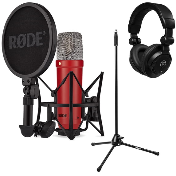 Rode Signature Series NT1 Cardioid Condenser Studio Microphone, Red, Bundle with H&A Microphone Stand and TAPH100 Studio Monitor Headphones