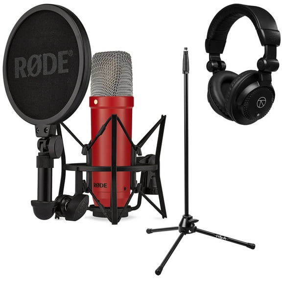 Rode Signature Series NT1 Cardioid Condenser Studio Microphone, Red, Bundle with H&A Microphone Stand and TAPH100 Studio Monitor Headphones